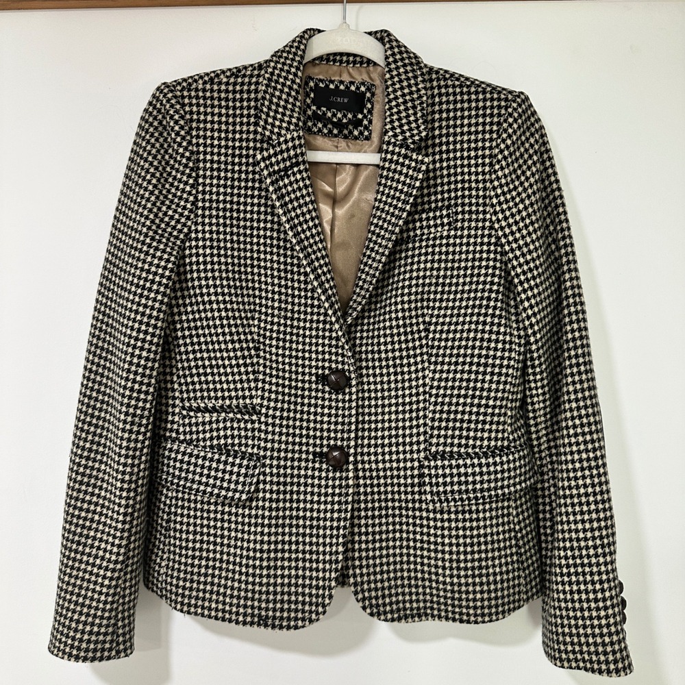 J.Crew Schoolboy Blazer Women 8 Wool Houndstooth Elbow Patch Black Cream